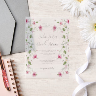Dusty Navy Blue Pink Hibiscus Bloom Wedding Shower Vellum Uitnodigingen