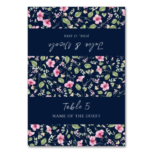 Dusty Navy Blue Pink Hibiscus Wedding Place Card Kaart (Voorkant)