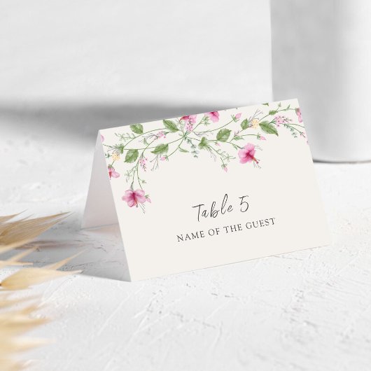 Dusty Navy Blue Pink Hibiscus Wedding Place Card Kaart