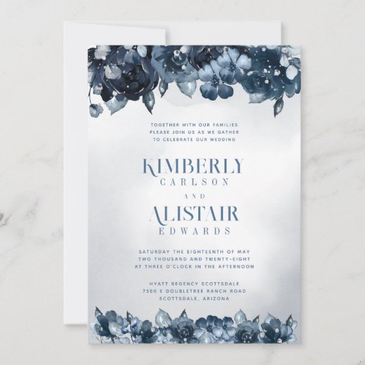 Dusty Navy Blue Silver Wedding Invitation Kaart (Voorkant)