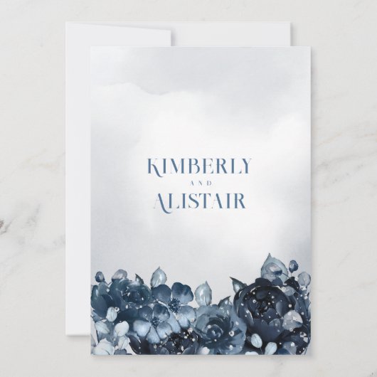 Dusty Navy Blue Silver Wedding Invitation Kaart (Achterkant)