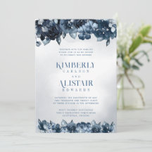 Dusty Navy Blue Silver Wedding Invitation