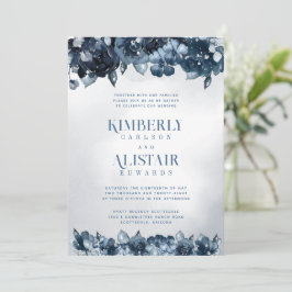 Dusty Navy Blue Silver Wedding Invitation Kaart