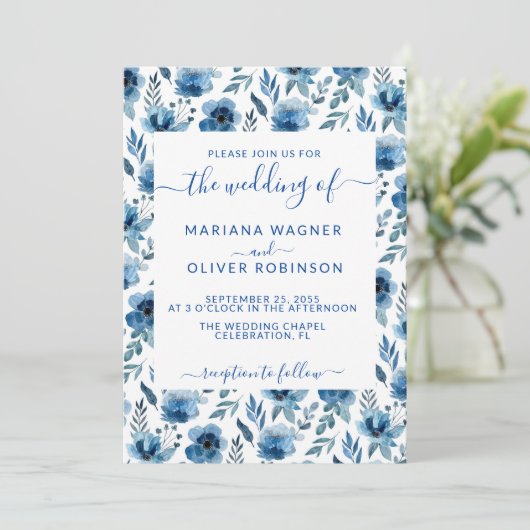 Dusty Navy Blue Simple Floral Elegant Script nodig Kaart (Staand voorkant)