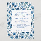 Dusty Navy Blue Simple Floral Elegant Script nodig Kaart (Voorkant / Achterkant)