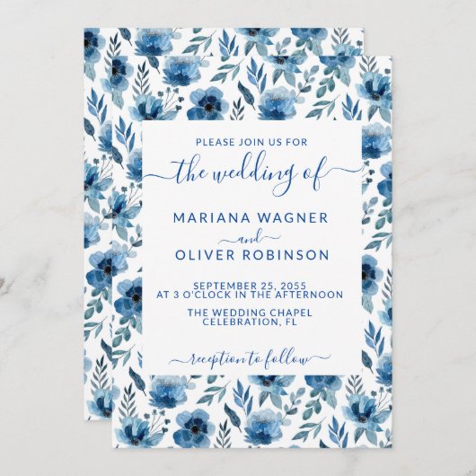 Dusty Navy Blue Simple Floral Elegant Script nodig Kaart (Voorkant / Achterkant)