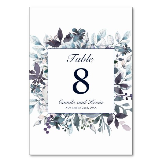 Dusty Navy Blue Waterverf Floral Wedding Kaart (Voorkant)