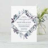 Dusty Navy Blue Waterverf Floral Wedding Kaart (Staand voorkant)