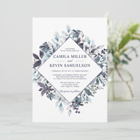 Dusty Navy Blue Waterverf Floral Wedding Kaart (Staand voorkant)