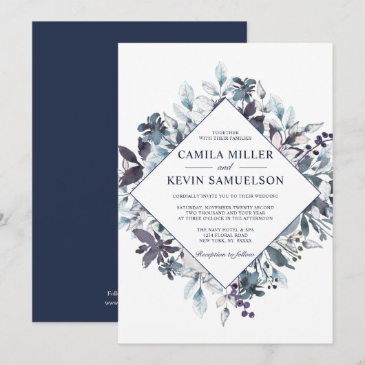 Dusty Navy Blue Waterverf Floral Wedding Kaart (Voorkant / Achterkant)