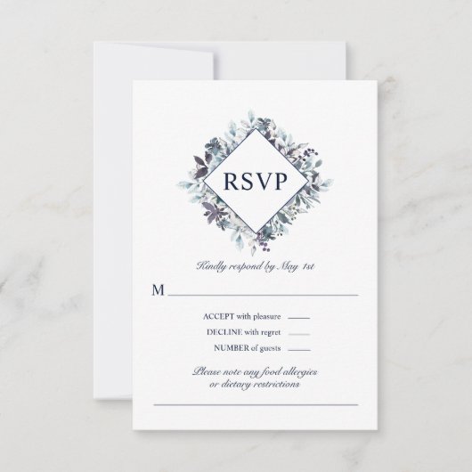 Dusty Navy Blue Waterverf Floral Wedding RSVP Kaartje (Voorkant)