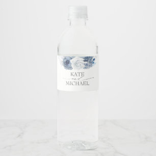Dusty Navy en Navy Blue Floral Water Fles Label Waterfles Etiket