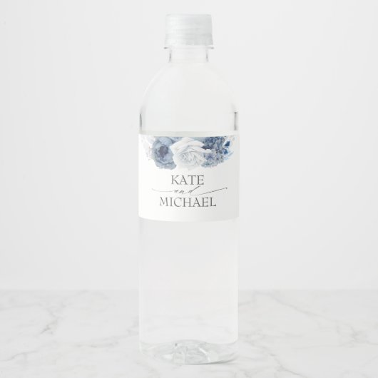 Dusty Navy en Navy Blue Floral Water Fles Label Waterfles Etiket (Voorkant)