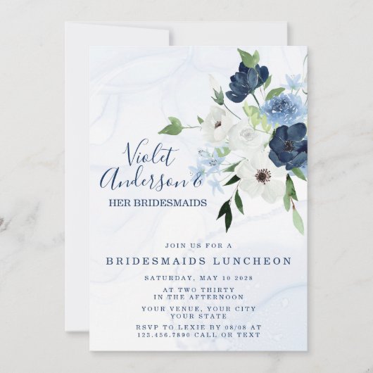 Dusty Navy Etheral Floral Bridesmaids Luncheon I Kaart (Voorkant)