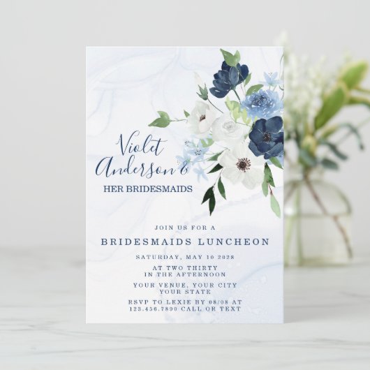 Dusty Navy Etheral Floral Bridesmaids Luncheon I Kaart (Staand voorkant)