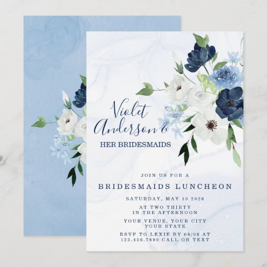 Dusty Navy Etheral Floral Bridesmaids Luncheon I Kaart (Voorkant / Achterkant)