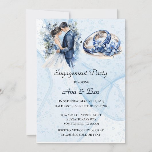 Dusty Navy Ink Floral Rings Engagement Party Kaart (Voorkant)