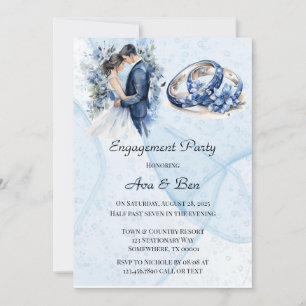 Dusty Navy Ink Floral Rings Engagement Party Kaart