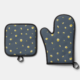 Dusty Navy Japanese Yellow Viola Floral Pattern Ovenwant & Pannenlap Set