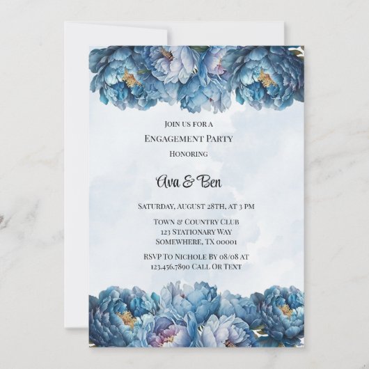 Dusty Navy Paint Peony Engagement Party Kaart (Voorkant)