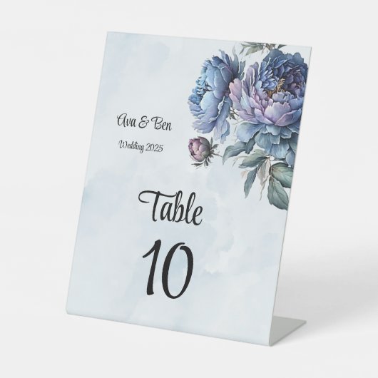 Dusty Navy Paint Peony Trouwtafel Nummers Reclamebord Met Voetstuk (Voorkant)
