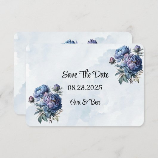 Dusty Navy Painted Peony Bewaar de datumkaarten Bedankkaart (Voorkant / Achterkant)