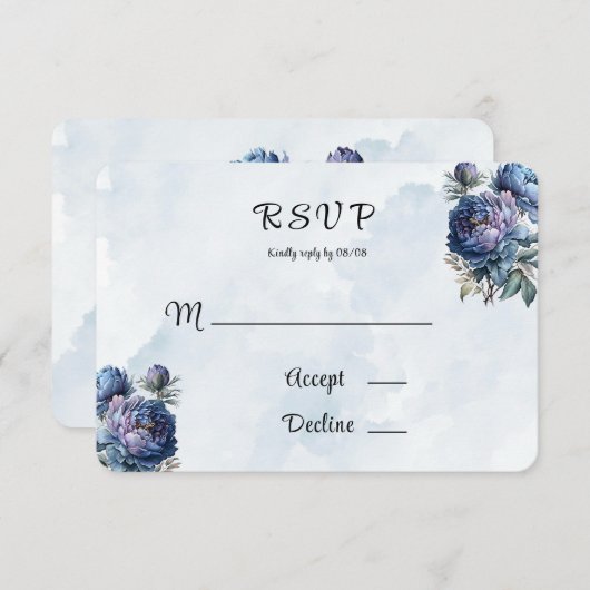 Dusty Navy Painted Peony Wedding RSVP Kaarten (Voorkant / Achterkant)