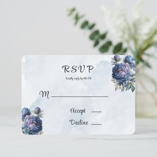 Dusty Navy Painted Peony Wedding RSVP Kaarten (Staand voorkant)