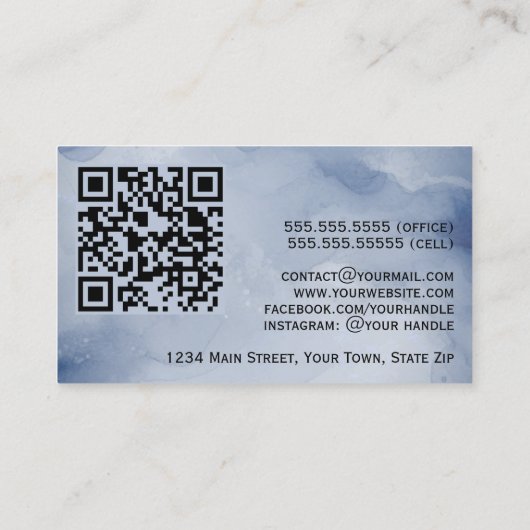 Dusty Navy & Silver Abstracte Waterverf QR-code Visitekaartje (Achterkant)