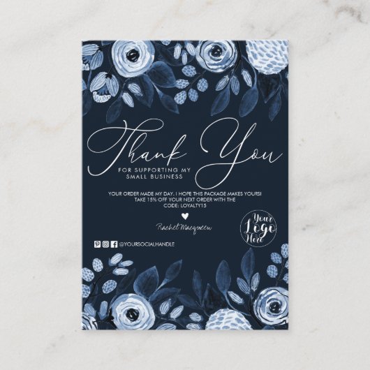 Dusty Navy Waterverf Bloemen Klant Dank u Visitekaartje (Voorkant)