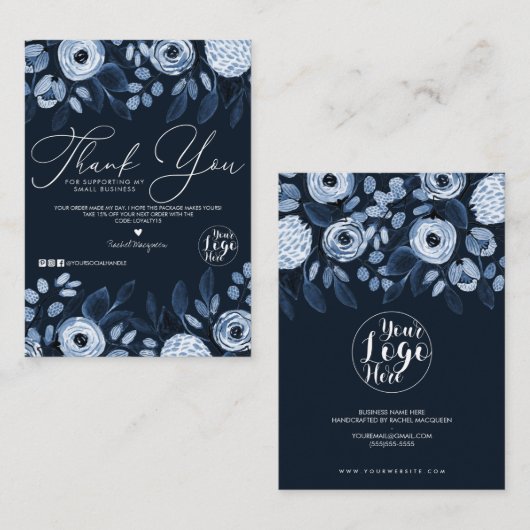 Dusty Navy Waterverf Bloemen Klant Dank u Visitekaartje (Voorkant / Achterkant)