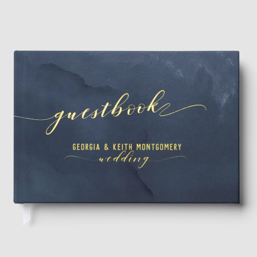 Dusty Navy Waterverf Gold Script Elegant Wedding Gastenboek (Voorkant)