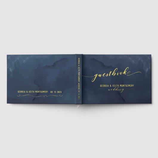 Dusty Navy Waterverf Gold Script Elegant Wedding Gastenboek (Volledig)