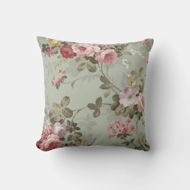  Dusty Olive Green Floral Design Buitenkussen (Voorkant)