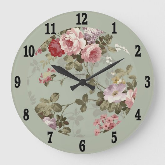Dusty Olive Green Floral Design Grote Klok (Voorkant)