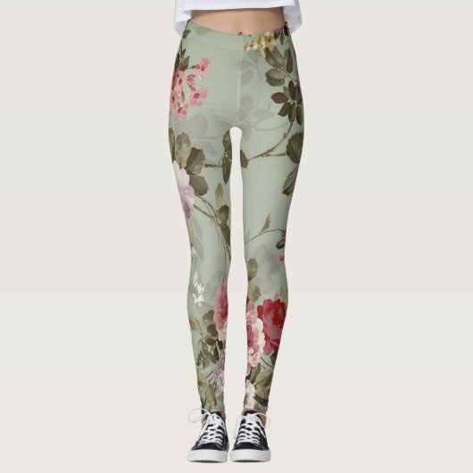  Dusty Olive Green Floral Design Leggings (Voorkant)