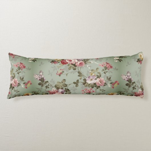 Dusty Olive Green Floral Design Lichaamskussen (Voorkant)