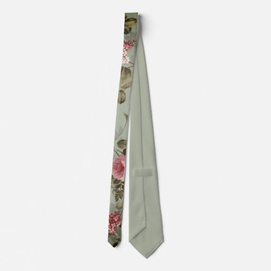  Dusty Olive Green Floral Design Silky Stropdas (Achterkant)