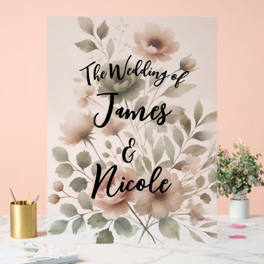 Dusty Olive Pink & Gold Waterverf Bloemen Huwelijk Acryl Bord (Huwelijk)