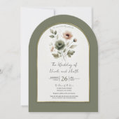 Dusty Olive Pink & Gold Waterverf Bloemen Huwelijk Kaart (Voorkant)