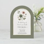 Dusty Olive Pink & Gold Waterverf Bloemen Huwelijk Kaart (Staand voorkant)