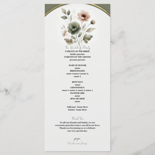 Dusty Olive Pink & Gold Waterverf Bloemen Huwelijk Programmakaart (Achterkant)