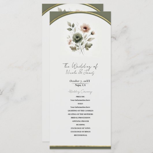 Dusty Olive Pink & Gold Waterverf Bloemen Huwelijk Programmakaart (Voorkant / Achterkant)