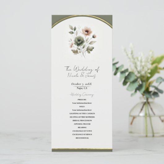 Dusty Olive Pink & Gold Waterverf Bloemen Huwelijk Programmakaart (Staand voorkant)