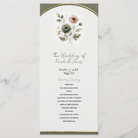 Dusty Olive Pink & Gold Waterverf Bloemen Huwelijk Programmakaart (Voorkant)