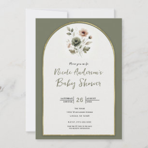 Dusty Olive & Pink Waterverf Floral Baby shower Kaart