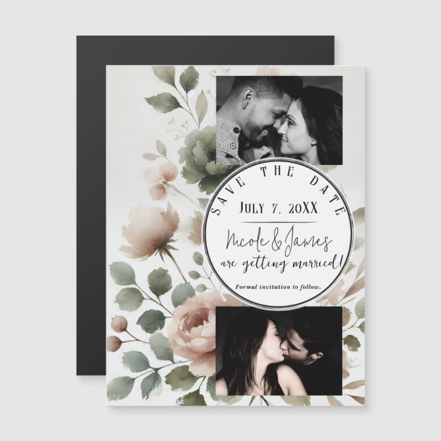 Dusty Olive & Pink Waterverf Floral Save the Date (Voorkant / Achterkant)