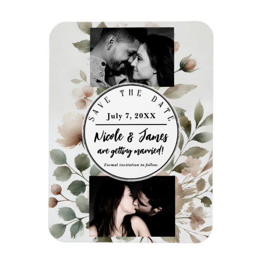 Dusty Olive & Pink Waterverf Floral Save the Date Magneet (Verticaal)