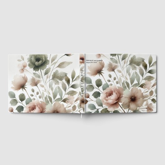 Dusty Olive & Roze Waterverf Bloemen Huwelijk Gastenboek (Volledig)