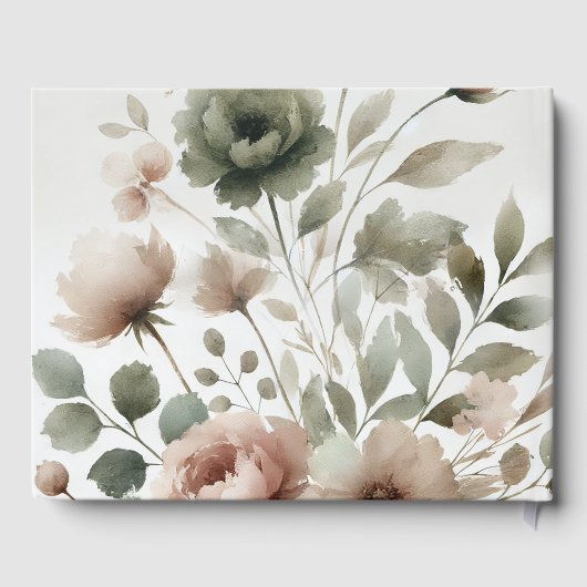 Dusty Olive & Roze Waterverf Bloemen Huwelijk Gastenboek (Achterkant)